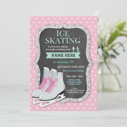 アイススケートで滑るバースデーパーティーピンクスケート招待状 招待状 (スタンド正面)