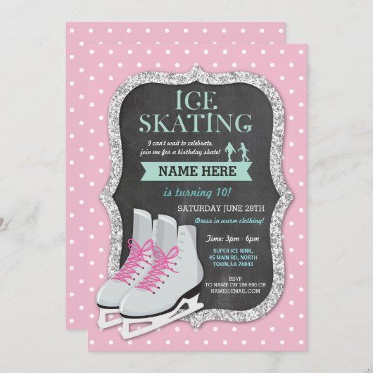 アイススケートで滑るバースデーパーティーピンクスケート招待状 招待状 (正面/裏面)