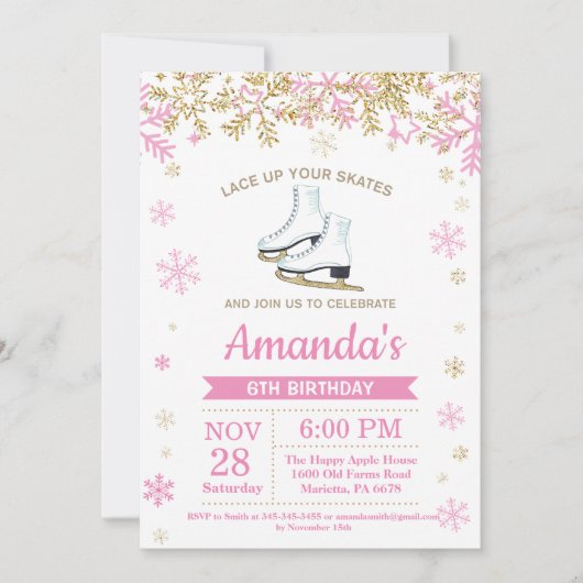 アイススケートで滑るバースデーパーティーピンクスケート招待状 招待状 (正面)