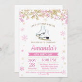 アイススケートで滑るバースデーパーティーピンクスケート招待状 招待状 (正面/裏面)