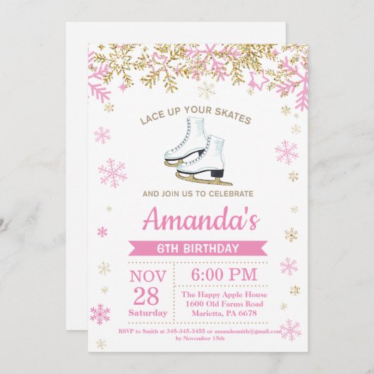 アイススケートで滑るバースデーパーティーピンクスケート招待状 招待状 (正面/裏面)