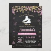 アイススケートで滑るバースデーパーティーピンクスケート招待状 招待状 (正面/裏面)