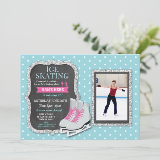 アイススケートで滑るバースデーパーティーフォトスケート招待状 招待状 (スタンド正面)