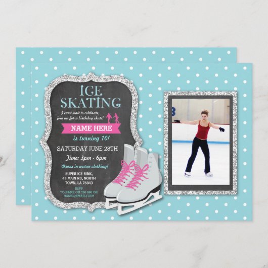 アイススケートで滑るバースデーパーティーフォトスケート招待状 招待状 (正面/裏面)