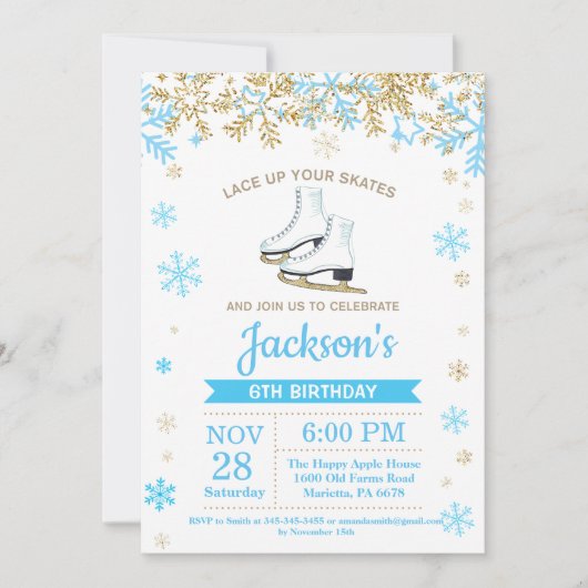アイススケートで滑るバースデーパーティーブルースケート招待状 招待状 (正面)