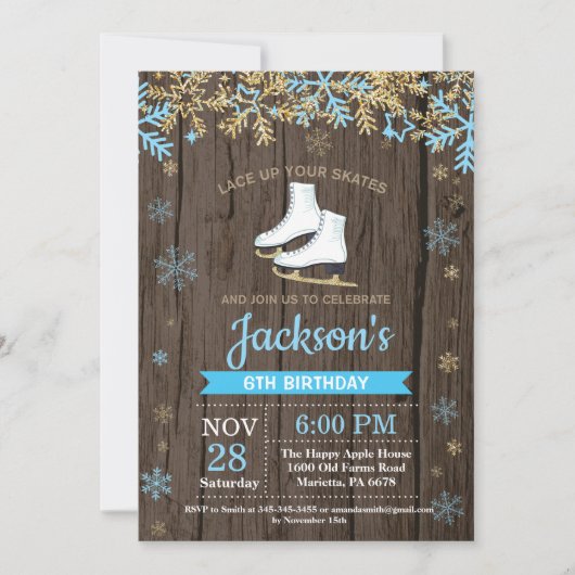 アイススケートで滑るバースデーパーティーブルースケート招待状 招待状 (正面)
