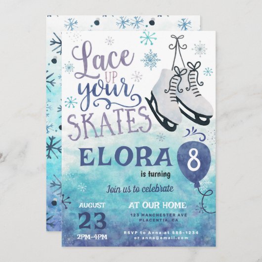 アイススケートで滑るバースデーパーティーボーイガール 招待状 (正面/裏面)