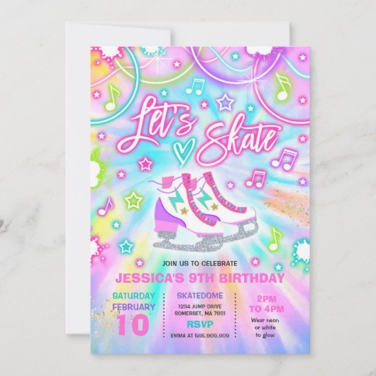 アイススケートで滑るバースデーパーティー絞り染めグロースケートで滑る 招待状 (正面)