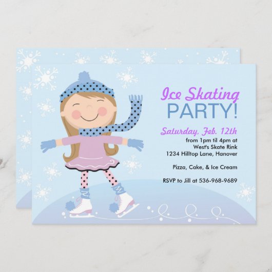 アイススケートで滑るパーティの招待状とガールスケートで滑る 招待状 (正面/裏面)