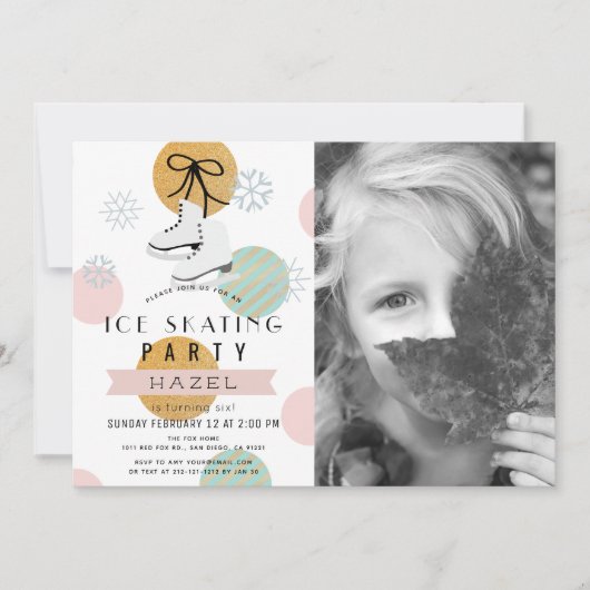 アイススケートで滑るパーティーウィンターピンクガールフォト誕生日 招待状 (正面)