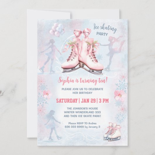 アイススケートで滑るパーティーウィンターピンクブルーガール誕生日 招待状 (正面)