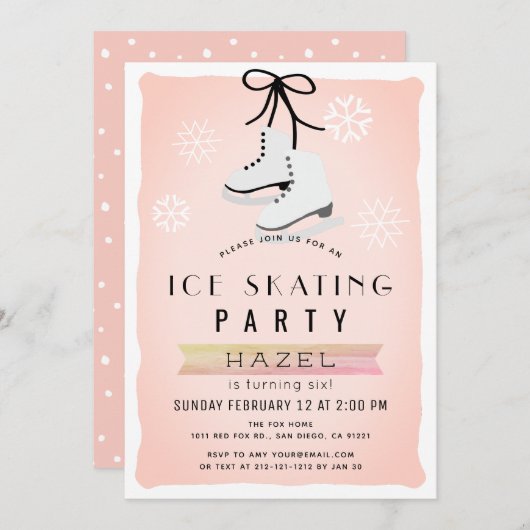 アイススケートで滑るパーティーウィンターピンクレトロ誕生日 招待状 (正面/裏面)