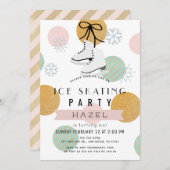 アイススケートで滑るパーティーウィンターピンク金ゴールドガール誕生日 招待状 (正面/裏面)