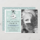 アイススケートで滑るパーティーウィンターブルーレトロ誕生日 招待状 (正面/裏面)