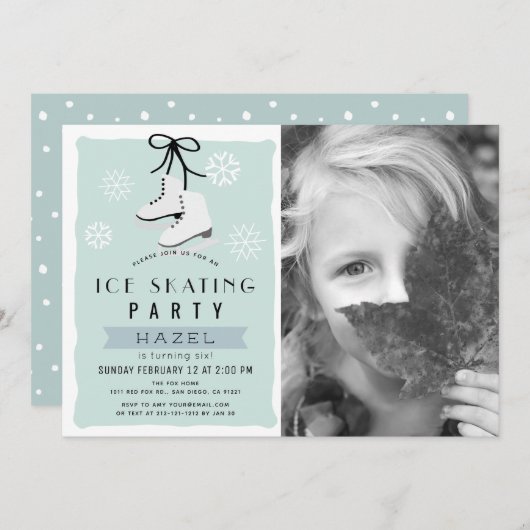 アイススケートで滑るパーティーウィンターブルーレトロ誕生日 招待状 (正面/裏面)