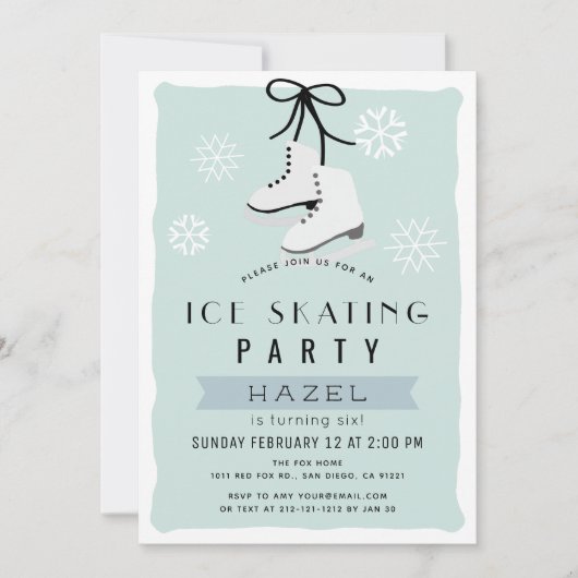 アイススケートで滑るパーティーウィンターブルーレトロ誕生日 招待状 (正面)