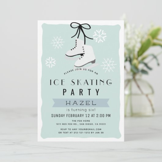 アイススケートで滑るパーティーウィンターブルーレトロ誕生日 招待状 (スタンド正面)