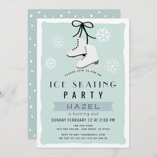 アイススケートで滑るパーティーウィンターブルーレトロ誕生日 招待状 (正面/裏面)