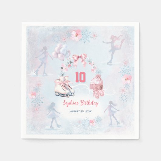 アイススケートで滑るパーティーピンクブルーウィンターガール誕生日 スタンダードカクテルナプキン (正面)