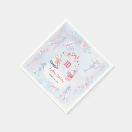 アイススケートで滑るパーティーピンクブルーウィンターガール誕生日 スタンダードカクテルナプキン (角)