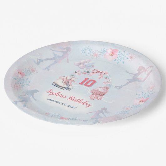 アイススケートで滑るパーティーピンクブルーウィンターガール誕生日 ペーパープレート (アングル)
