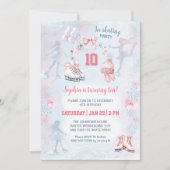 アイススケートで滑るパーティーピンクブルーウィンターガール誕生日 招待状 (正面)