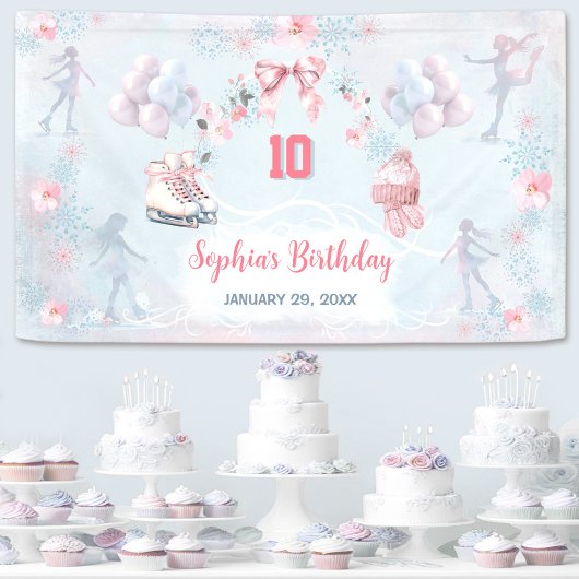 アイススケートで滑るパーティーピンクブルーウィンターガール誕生日 横断幕