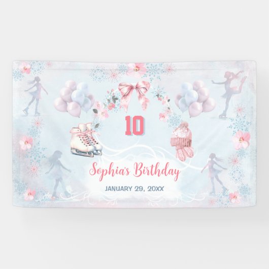 アイススケートで滑るパーティーピンクブルーウィンターガール誕生日 横断幕 (横)
