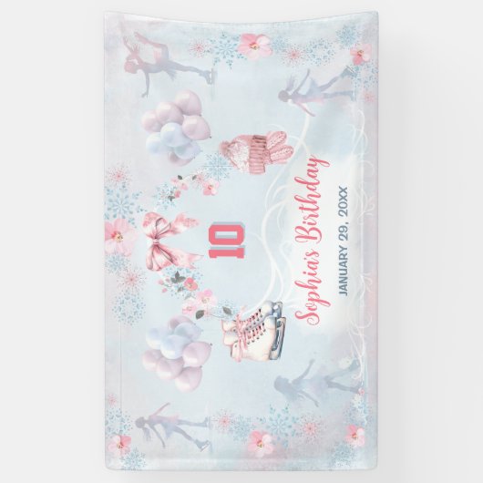 アイススケートで滑るパーティーピンクブルーウィンターガール誕生日 横断幕 (縦)