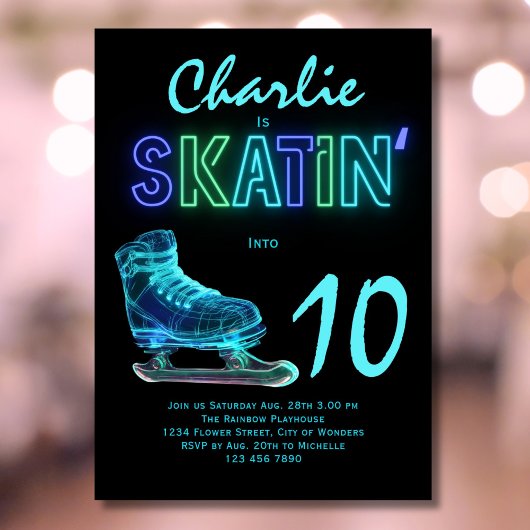 アイススケートで滑るパーティーボーイズネオングロー誕生日 招待状