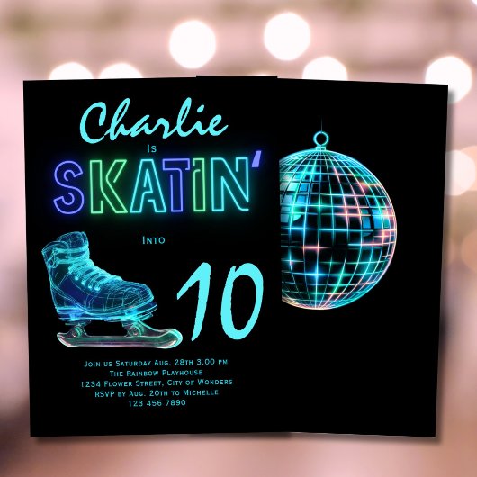 アイススケートで滑るパーティーボーイズネオングロー誕生日 招待状