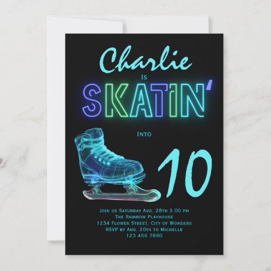 アイススケートで滑るパーティーボーイズネオングロー誕生日 招待状 (正面)