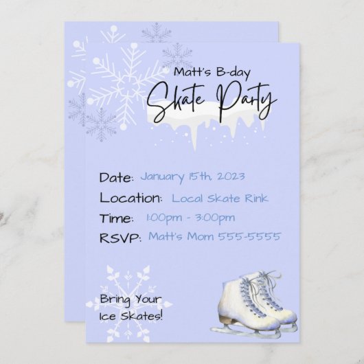 アイススケートで滑るパーティー冬誕生日招待状 招待状 (正面/裏面)