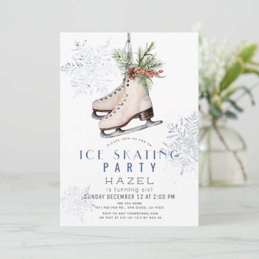 アイススケートで滑るパーティー凍っていスノーフレークホワイト誕生日 招待状 (スタンド正面)