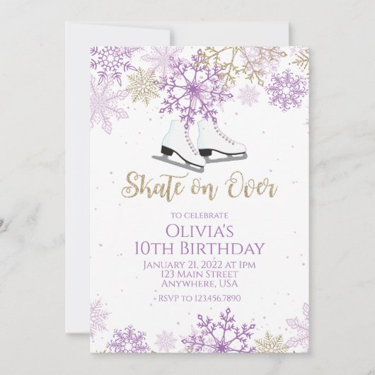 アイススケートで滑るパープルと金ゴールドスノーフレーク誕生日 招待状 (正面)
