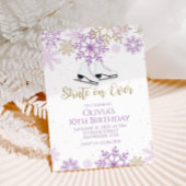 アイススケートで滑るパープルと金ゴールドスノーフレーク誕生日 招待状