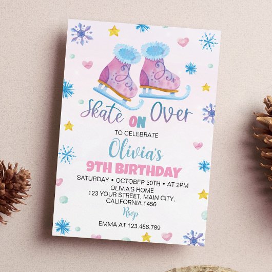 アイススケートで滑るピンクガール誕生日招待状 招待状