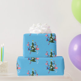 アイススケートで滑るフラミンゴスとサンタハッツクリスマス ラッピングペーパー