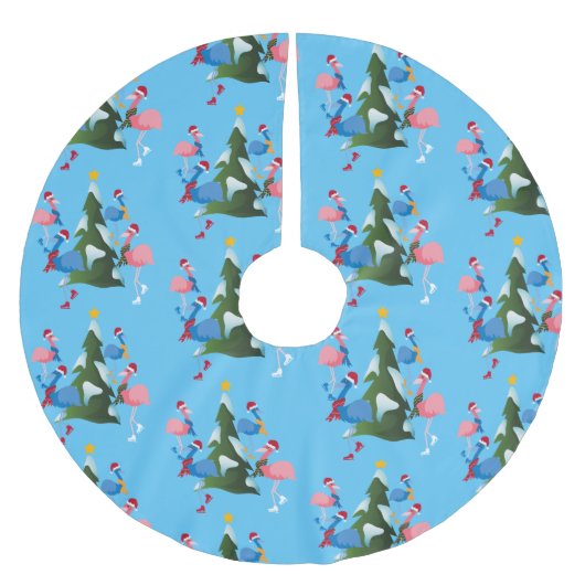 アイススケートで滑るフラミンゴスとサンタハッツ ブラッシュドポリエステルツリースカート (正面)