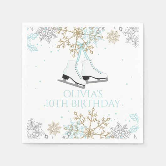 アイススケートで滑るブルーシルバー金ゴールド雪片誕生日 スタンダードカクテルナプキン (正面)