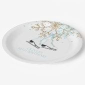 アイススケートで滑るブルーシルバー金ゴールド雪片誕生日 ペーパープレート (アングル)