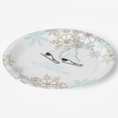 アイススケートで滑るブルーシルバー金ゴールド雪片誕生日 ペーパープレート (アングル)