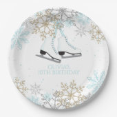 アイススケートで滑るブルーシルバー金ゴールド雪片誕生日 ペーパープレート (正面)