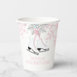 アイススケートで滑るブルーピンクスノーフレーク誕生日 紙コップ