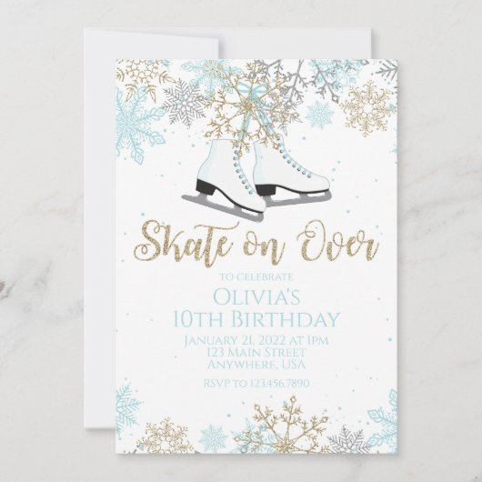 アイススケートで滑るブルー金ゴールドグリッタースノーフレーク誕生日 招待状 (正面)