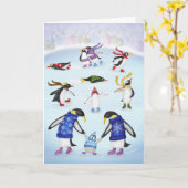 アイススケートで滑るペンギンクリスマスカード カード (黄色い花)