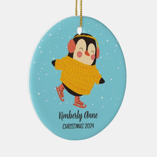 アイススケートで滑るペンギンクリスマススノーウィーウィンターホリデー セラミックオーナメント (右)