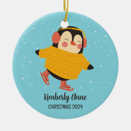 アイススケートで滑るペンギンクリスマススノーウィーウィンターホリデー セラミックオーナメント