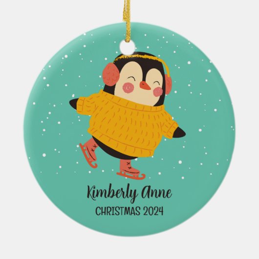 アイススケートで滑るペンギンクリスマススノーウィーウィンターホリデー セラミックオーナメント (裏面)