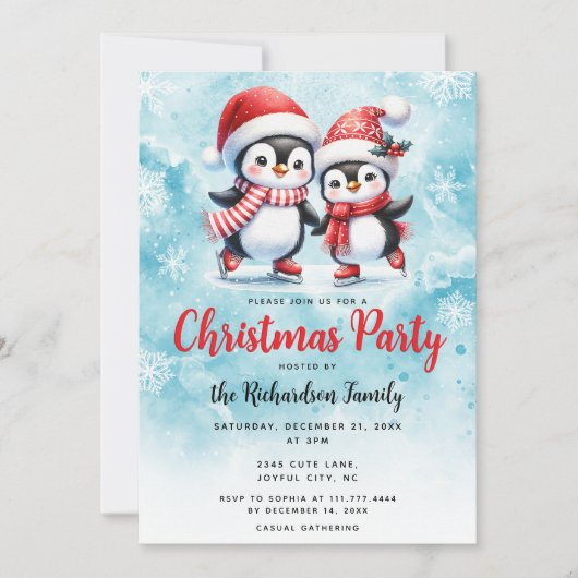 アイススケートで滑るペンギンズブルーフェスティバルクリスマスパーティー 招待状 (正面)